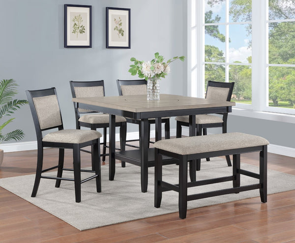 English Elm 6pc Counter Height Farmhouse Dining Set with Lazy Susan Espresso Finish and Bench Light Gray B011S00772