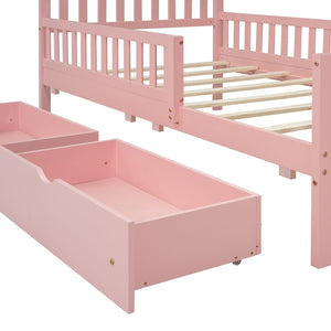 English Elm Twin Pinewood Platform Bed with Headboard, Guardrails & Two Underbed Drawers for Storage Pink 70.6 L x 17.1 W x 5.9 H N733P172696H