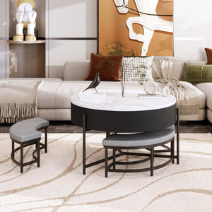 English Elm Modern Round Lift Top Coffee Table with Hidden Storage and Three Nesting Ottomans CH265770AAB