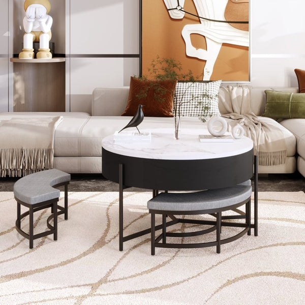 English Elm Modern Round Lift Top Coffee Table with Hidden Storage and Three Nesting Ottomans CH265770AAB