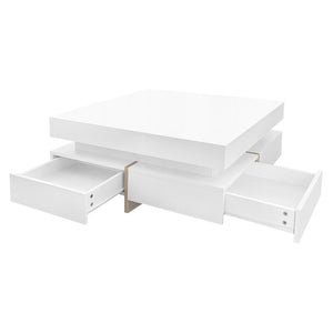 English Elm On-trend Square Coffee Table High Gloss White Top Wood Grain Legs Four Drawer Storage WF314582AAK