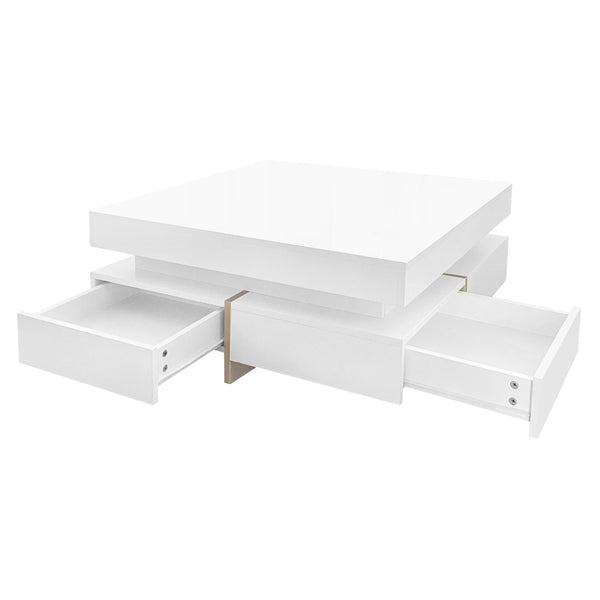 English Elm On-trend Square Coffee Table High Gloss White Top Wood Grain Legs Four Drawer Storage WF314582AAK