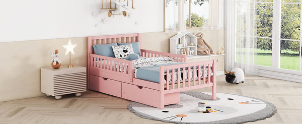 English Elm Twin Pinewood Platform Bed with Headboard, Guardrails & Two Underbed Drawers for Storage Pink 70.6 L x 17.1 W x 5.9 H N733P172696H