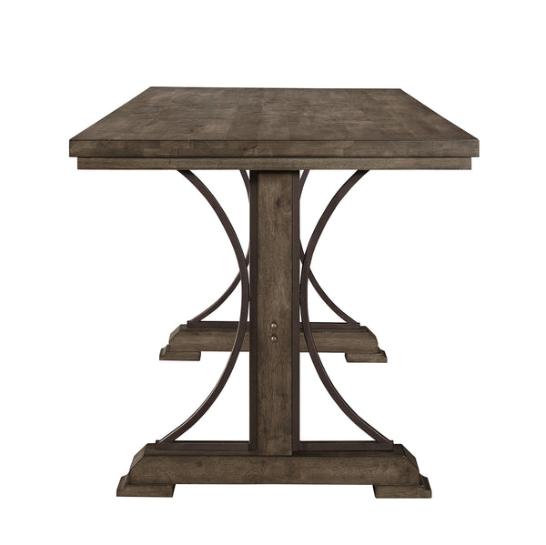 English Elm 1pc Light Brown Counter Height Trestle Table 71" x36" Industrial Curved Metal Accents Casual Dining Centerpiece B011S01087
