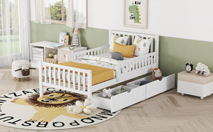 English Elm Twin Pinewood Platform Bed with Headboard, Guardrails & Two Underbed Drawers for Storage White 70.6 L x 17.1 W x 5.9 H N733P172696K