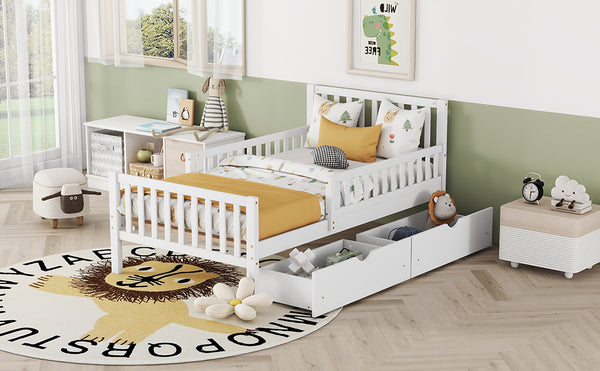 English Elm Twin Pinewood Platform Bed with Headboard, Guardrails & Two Underbed Drawers for Storage White 70.6 L x 17.1 W x 5.9 H N733P172696K