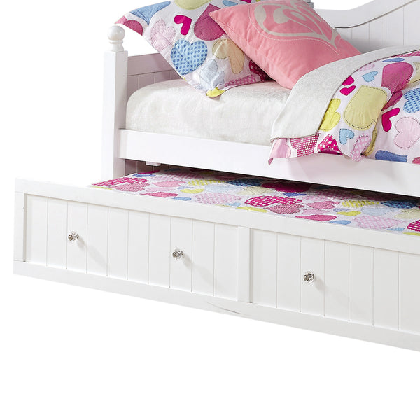 English Elm White Twin Daybed with Trundle - Elegant Curved Back, Slim Vertical Slats, Crystal Hardware, Guest-Ready Double Bed B062S00278