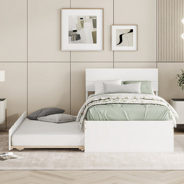 English Elm Modern Twin Bed with High Gloss Headboard Light Oak Trundle for Compact Spaces Creamy White,White W697131325
