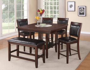 English Elm 6pc Counter Height Dining Set with 48" Square Plank Top, Upholstered Chairs, Bench, Storage Shelf Dark Brown 51.8 L x 51.8 W x 15 H B011S00775