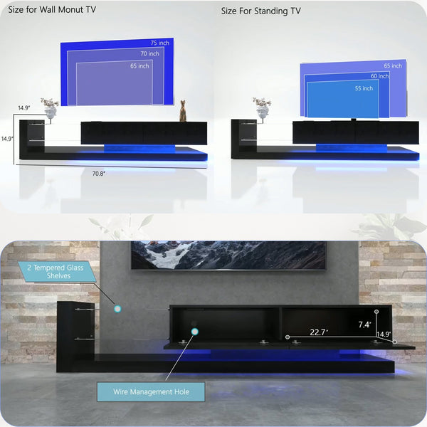 English Elm TV Console LED TV Stand with Dual App & Remote RGB Control, 31 Modes, Built-In Power & 90% Storage Space Black W1701105064