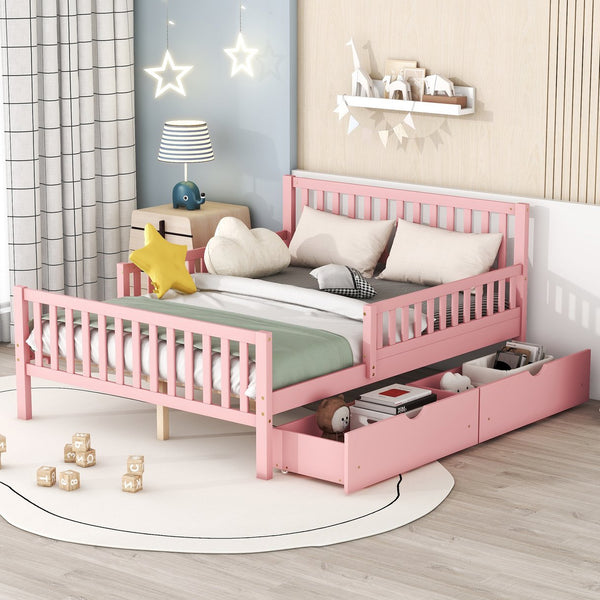 English Elm Full Wood Platform Bed with Headboard, Guardrails & Underbed Storage Drawers – Sturdy Pine Frame, 450LB Capacity Pink 78.25 L x 18.5 W x 6 H N733P172700H