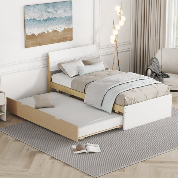English Elm Modern Twin Bed with High Gloss Headboard Light Oak Trundle for Compact Spaces White + Light Oak W697131327