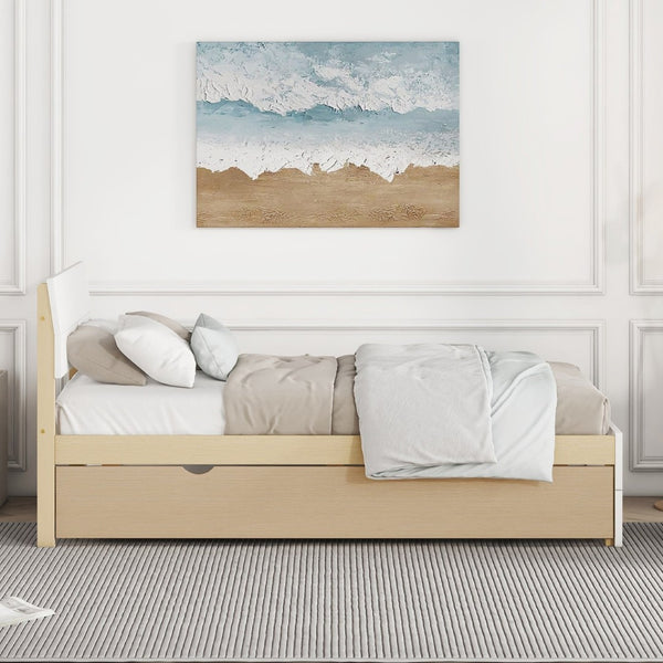 English Elm Modern Twin Bed with High Gloss Headboard Light Oak Trundle for Compact Spaces White + Light Oak W697131327
