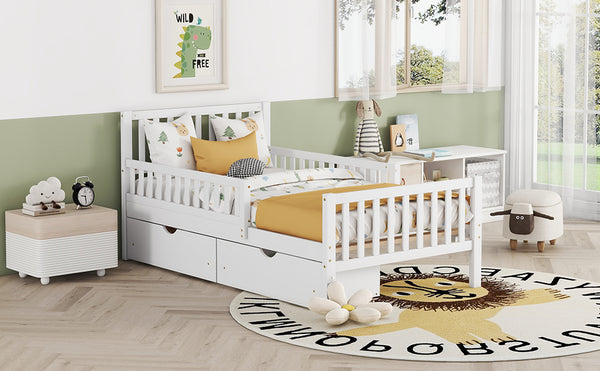 English Elm Twin Pinewood Platform Bed with Headboard, Guardrails & Two Underbed Drawers for Storage White 70.6 L x 17.1 W x 5.9 H N733P172696K