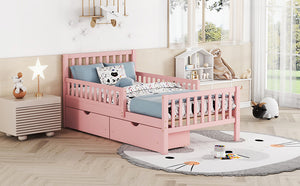 English Elm Twin Pinewood Platform Bed with Headboard, Guardrails & Two Underbed Drawers for Storage Pink 70.6 L x 17.1 W x 5.9 H N733P172696H