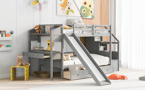 English Elm Twin Twin Bunk Bed with Staircase Storage, Slide, Built-In Desk, Drawers & Shelves — Safe Stylish Gray SM001811AAE