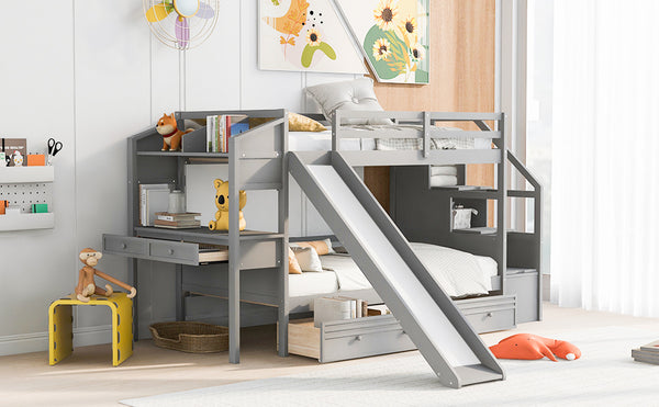 English Elm Twin Twin Bunk Bed with Staircase Storage, Slide, Built-In Desk, Drawers & Shelves — Safe Stylish Gray SM001811AAE