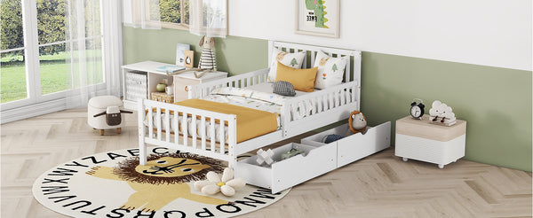 English Elm Twin Pinewood Platform Bed with Headboard, Guardrails & Two Underbed Drawers for Storage White 70.6 L x 17.1 W x 5.9 H N733P172696K