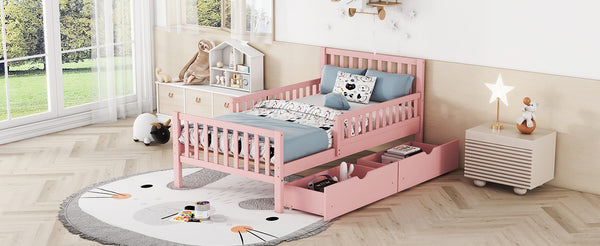 English Elm Twin Pinewood Platform Bed with Headboard, Guardrails & Two Underbed Drawers for Storage Pink 70.6 L x 17.1 W x 5.9 H N733P172696H