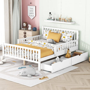English Elm Full Wood Platform Bed with Headboard, Guardrails & Underbed Storage Drawers – Sturdy Pine Frame, 450LB Capacity White 78.25 L x 18.5 W x 6 H N733P172700K