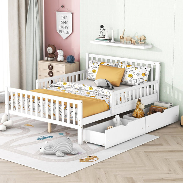 English Elm Full Wood Platform Bed with Headboard, Guardrails & Underbed Storage Drawers – Sturdy Pine Frame, 450LB Capacity White 78.25 L x 18.5 W x 6 H N733P172700K
