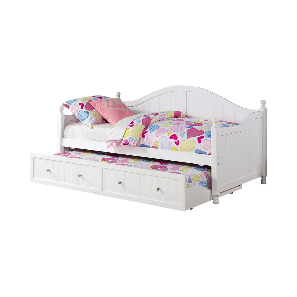 English Elm White Twin Daybed with Trundle - Elegant Curved Back, Slim Vertical Slats, Crystal Hardware, Guest-Ready Double Bed B062S00278