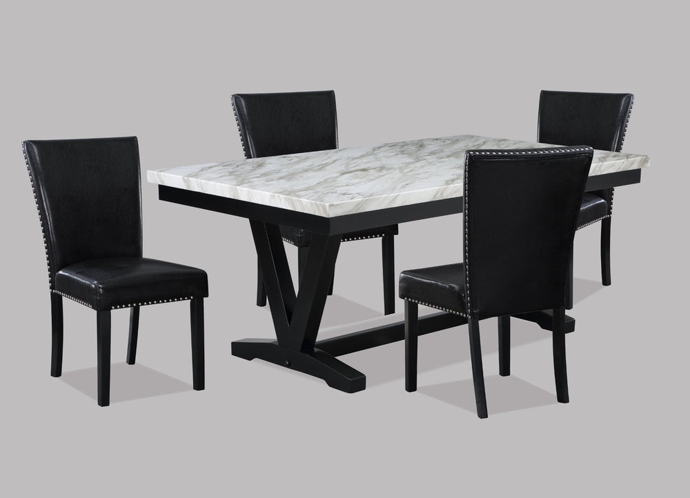 English Elm White Faux Marble Dining Table Set With Black Faux Leather Chairs, 5Pc Contemporary Design B011S00946-GIGA
