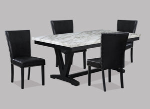 English Elm White Faux Marble Dining Table Set With Black Faux Leather Chairs, 5Pc Contemporary Design B011S00946-GIGA