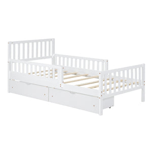 English Elm Twin Pinewood Platform Bed with Headboard, Guardrails & Two Underbed Drawers for Storage White 70.6 L x 17.1 W x 5.9 H N733P172696K