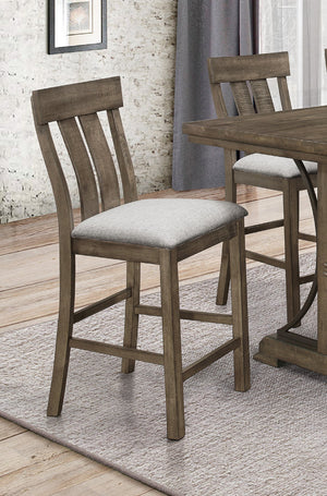 English Elm 2pc Brown Oak Counter Height Dining Chairs with Gray Fabric Upholstered Seats Rustic Slat-Back Comfort B011P148060