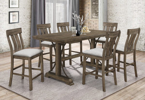 English Elm 2pc Brown Oak Counter Height Dining Chairs with Gray Fabric Upholstered Seats Rustic Slat-Back Comfort B011P148060