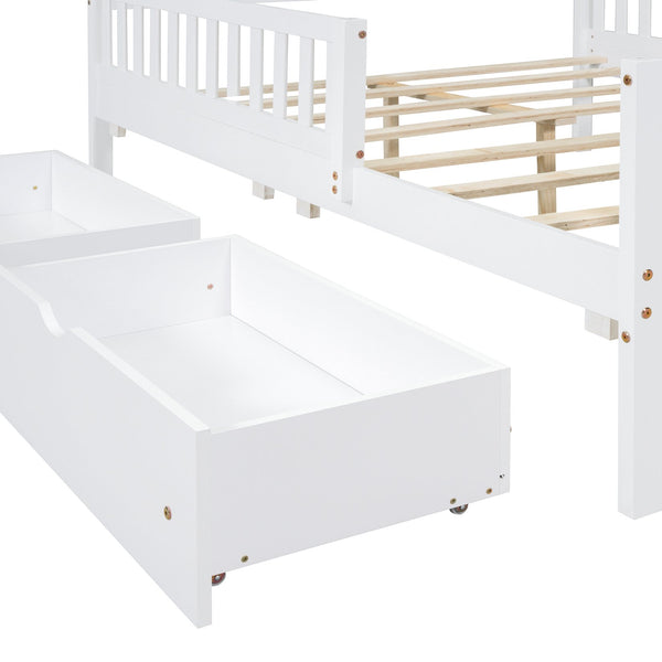 English Elm Full Wood Platform Bed with Headboard, Guardrails & Underbed Storage Drawers – Sturdy Pine Frame, 450LB Capacity White 78.25 L x 18.5 W x 6 H N733P172700K