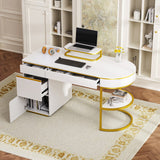 Hearth and Haven Modern 60'' Executive Desk and 74.8"Tall Corner Bookshelf Suite, Curved Computer Desk with Metal Legs, Fan-Shaped and Wooden Standing Bookcase with Drawer, Doors For Home Office, Living Room, Gold+White SR000090AAK