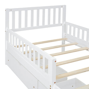 English Elm Twin Pinewood Platform Bed with Headboard, Guardrails & Two Underbed Drawers for Storage White 70.6 L x 17.1 W x 5.9 H N733P172696K
