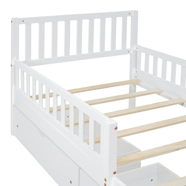 English Elm Twin Pinewood Platform Bed with Headboard, Guardrails & Two Underbed Drawers for Storage White 70.6 L x 17.1 W x 5.9 H N733P172696K