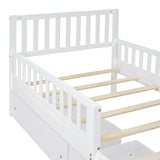 English Elm Twin Size Wood Platform Bed With Guardrails On Both Sides and Two Storage Drawers ,White