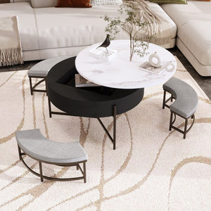 English Elm Modern Round Lift Top Coffee Table with Hidden Storage and Three Nesting Ottomans CH265770AAB