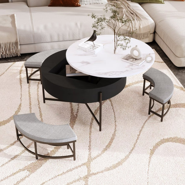 English Elm Modern Round Lift Top Coffee Table with Hidden Storage and Three Nesting Ottomans CH265770AAB