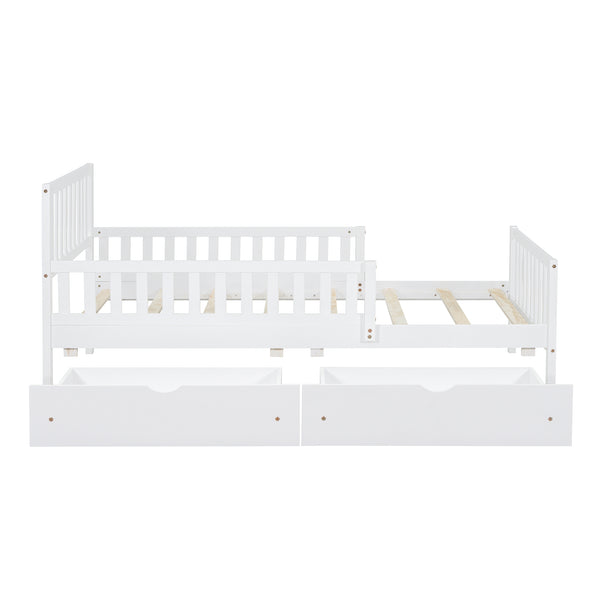 English Elm Twin Pinewood Platform Bed with Headboard, Guardrails & Two Underbed Drawers for Storage White 70.6 L x 17.1 W x 5.9 H N733P172696K