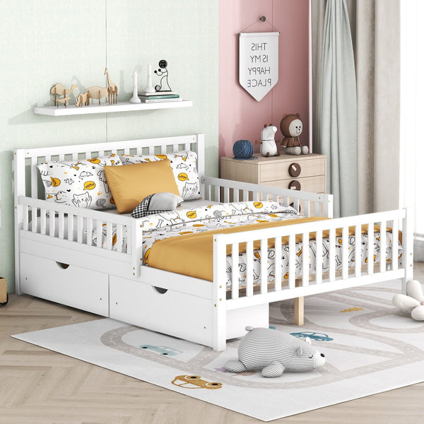 English Elm Full Wood Platform Bed with Headboard, Guardrails & Underbed Storage Drawers – Sturdy Pine Frame, 450LB Capacity White 78.25 L x 18.5 W x 6 H N733P172700K