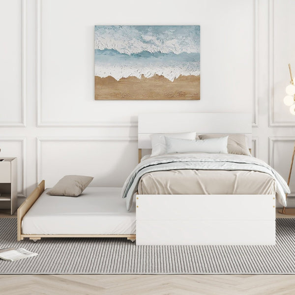 English Elm Modern Twin Bed with High Gloss Headboard Light Oak Trundle for Compact Spaces White + Light Oak W697131327