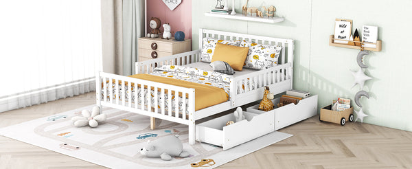 English Elm Full Wood Platform Bed with Headboard, Guardrails & Underbed Storage Drawers – Sturdy Pine Frame, 450LB Capacity White 78.25 L x 18.5 W x 6 H N733P172700K