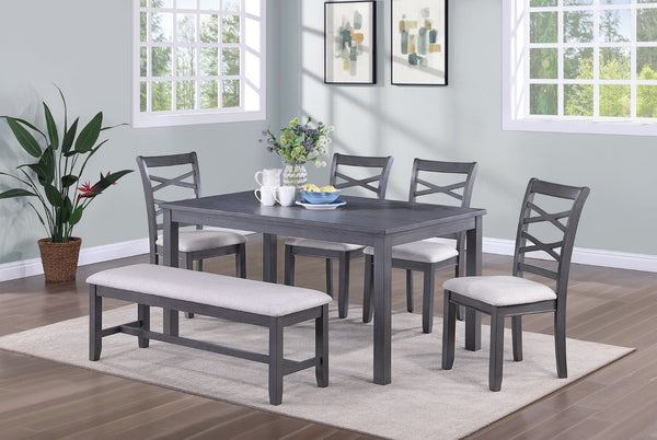 English Elm Dining Set Six Piece Rubberwood Table Cross-back Chairs Bench Two-toned Gray B011S00661