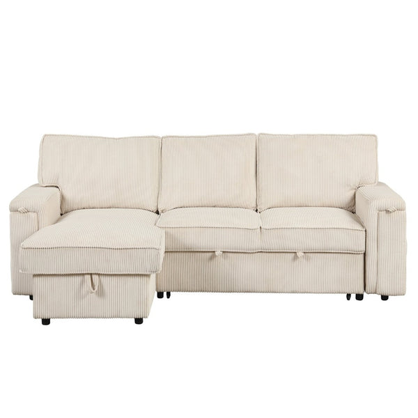 English Elm U_style Sleeper Sectional Sofa with Fold Out Twin Bed Cup Holders and Armrest Pockets Beige WY000372AAA