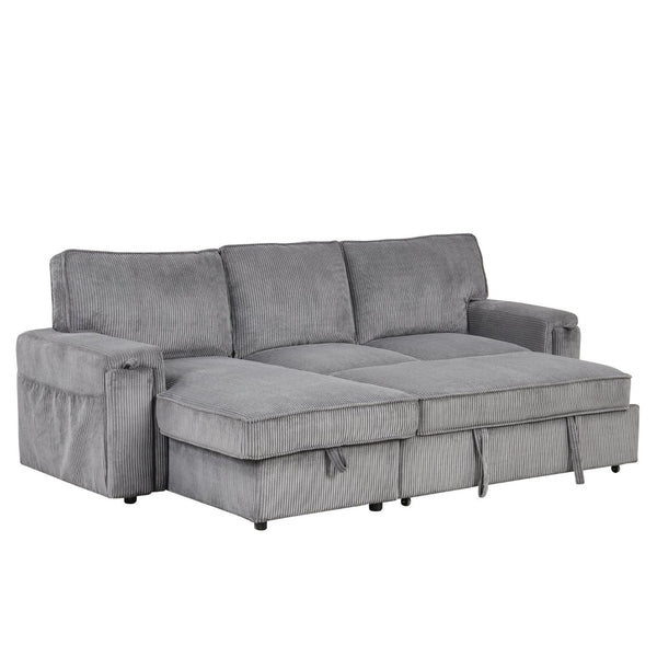 English Elm U_style Sleeper Sectional Sofa with Fold Out Twin Bed Cup Holders and Armrest Pockets Gray WY000372AAE