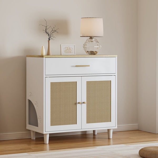 English Elm Cat Litter Box Enclosure Rubberwood with Sisal Scratch Pad, Storage Drawers, Anti‑Tip, Mid‑Century Style W1801137449