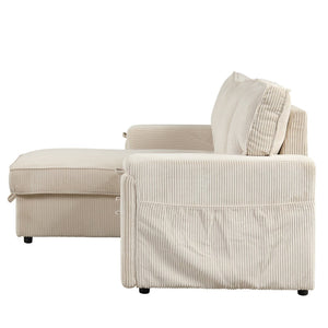 English Elm U_style Sleeper Sectional Sofa with Fold Out Twin Bed Cup Holders and Armrest Pockets Beige WY000372AAA