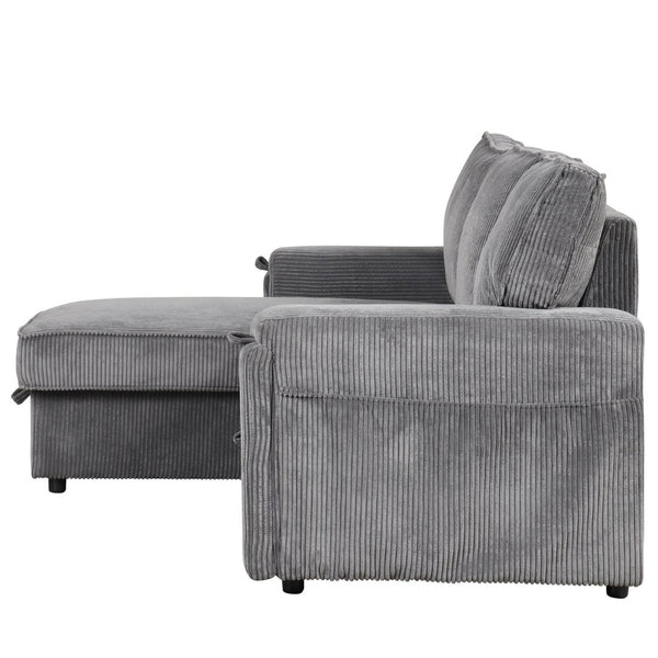 English Elm U_style Sleeper Sectional Sofa with Fold Out Twin Bed Cup Holders and Armrest Pockets Gray WY000372AAE