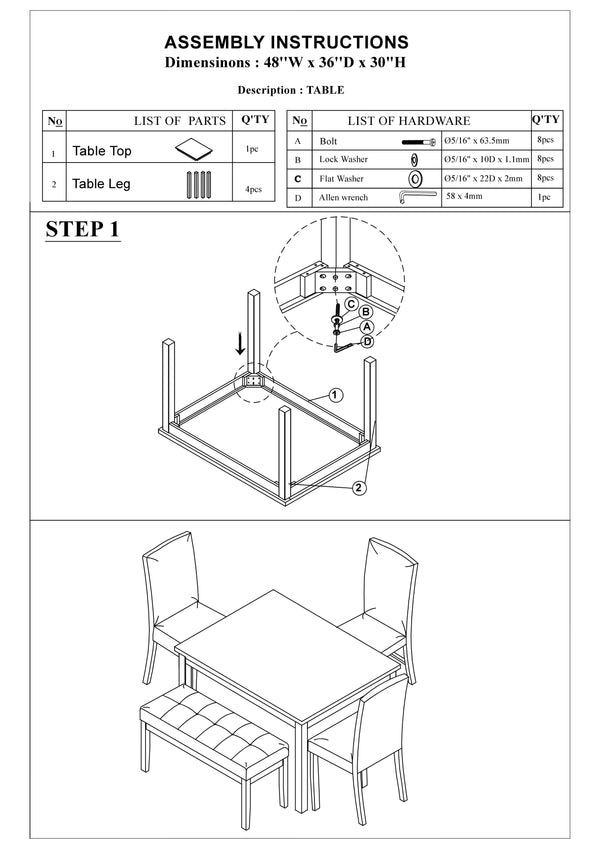 English Elm Classic 5-Piece Dining Set with Faux Marble Top, Tufted Bench & Cushioned Faux Leather Chairs for Cozy Kitchens Espresso 54 L x 42 W x 14 H B011P148645