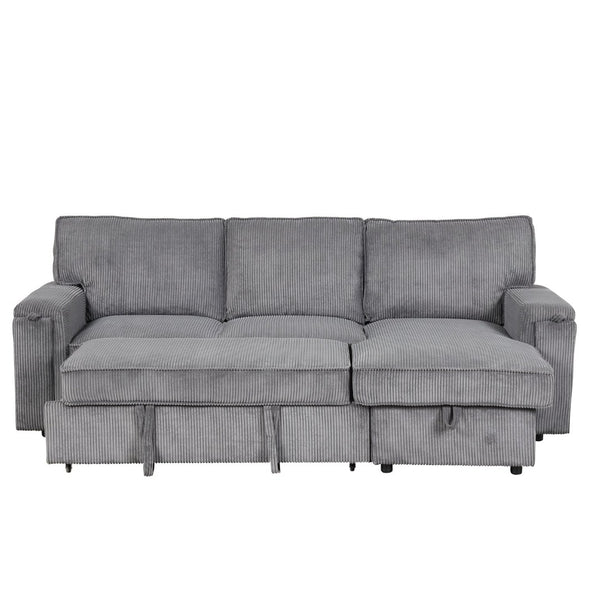English Elm U_style Sleeper Sectional Sofa with Fold Out Twin Bed Cup Holders and Armrest Pockets Gray WY000372AAE